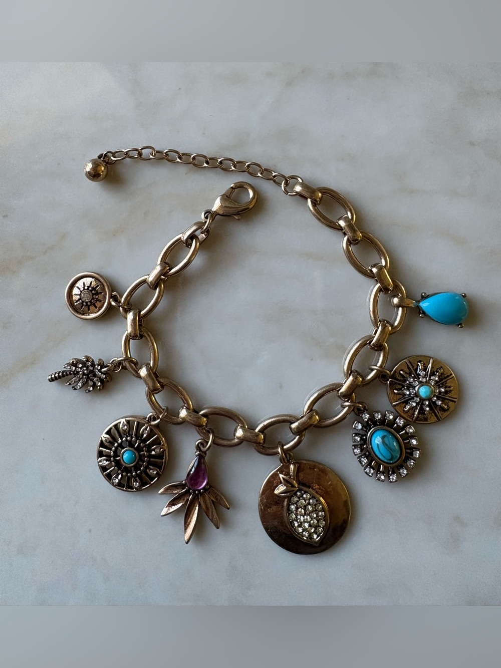 Vintage inspired Gold-Tone Turquoise Charm Bracelet with Crystal Accents
